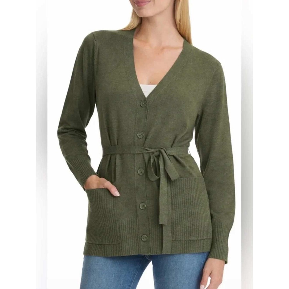 SPLENDID Belted Cardigan Sweater Size M‎ Olive Army Green Knit Button Front NWT